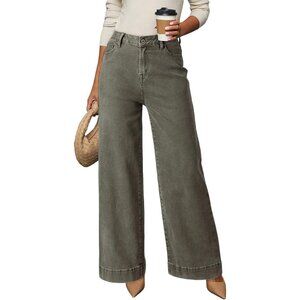 Women Guacamole Green Wide Leg Denim Jeans Stretchy Loose Pant with Pockets